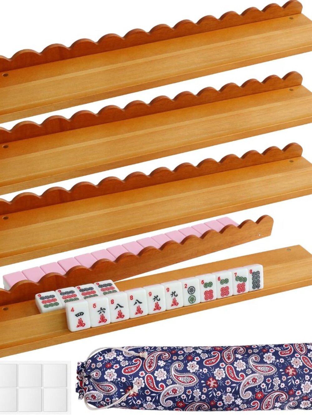 Premium Scalloped Obeche Wood Mahjong Racks with Magnetic Pushers, Set of 4